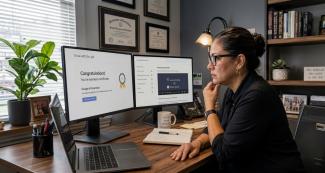 Woman sitting at desk in office completing a certification on her computer.